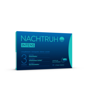 Verpackung von Nachtruhe Intens mit Angaben zu Inhaltsstoffen und Schlafunterstützung, in blauer Farbgestaltung.