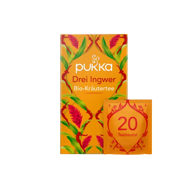 Packung mit Bio-Kräutertee "Drei Ingwer" von Pukka, orange mit Pflanzenmotiven, enthält einen Teebeutel.