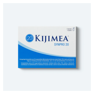 Verpackung von Kijimea SYNPRO 20, einer Nahrungsergänzung mit Mikroorganismen und Vitaminen.