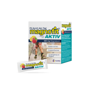 Packung magnofit AKTIV mit Magnesium in Zitronen-Himbeer-Geschmack und praktischen Portionssticks für unterwegs.