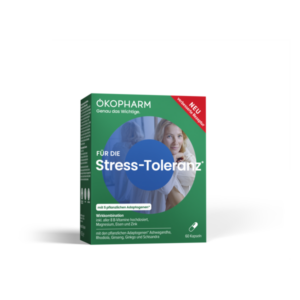 Verpackung für Nahrungsergänzungsmittel zur Stress-Toleranz, mit einer Frau im Hintergrund und Informationen zu Inhaltsstoffen.