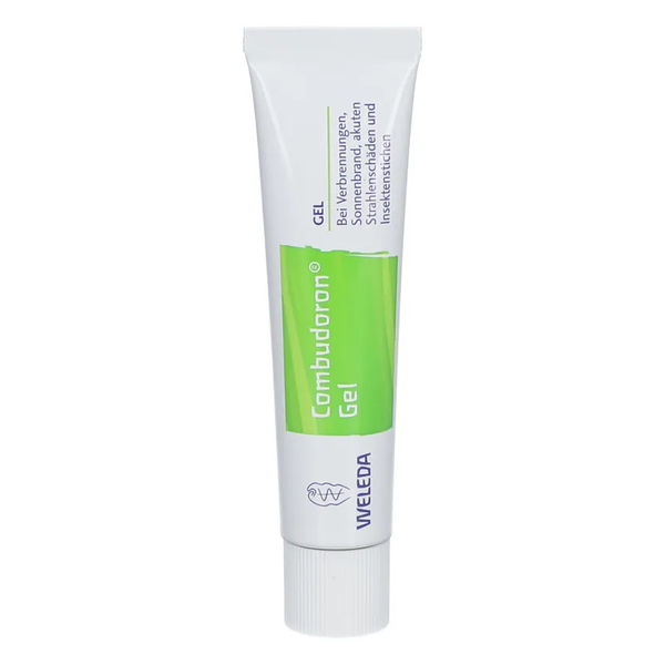 Weleda Combudoron Gel in einer weißen Tube mit grüner Schrift für die Behandlung von Hautverletzungen.