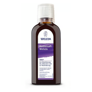 Braune Flasche mit Hustenstift Weleda, enthält einen Sirup zur Erleichterung des Abhustens und zur Reizungslinderung.