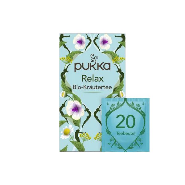 Verpackung von Pukka Relax Bio-Kräutertee mit einer blauen Box und einem Teebeutel im Vordergrund.