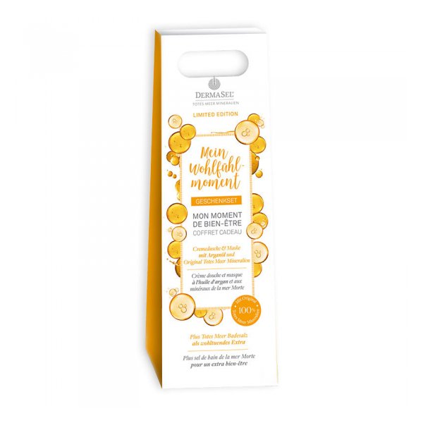 Geschenkset von DermaSel mit Creme und Maske aus Arganöl und mineralischem Toten Meer in einer Verpackung mit Tragegriff.