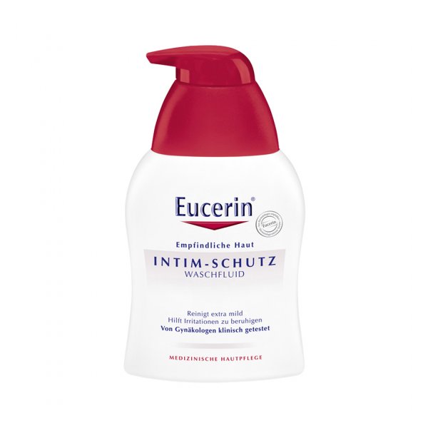 Flasche mit Eucerin Intim-Schutz Waschfluid für empfindliche Haut, mit Pumpspender und rotem Deckel.