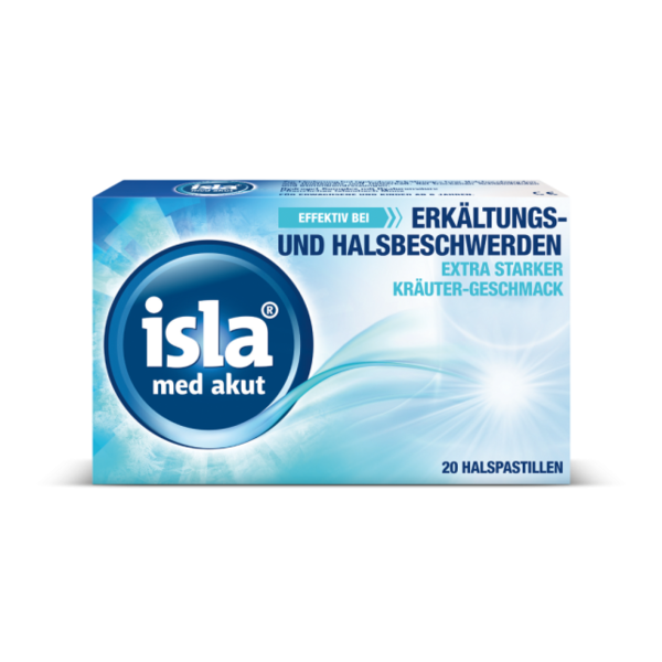 Packung mit Halspastillen zur Linderung von Erkältungs- und Halsbeschwerden, Kräutergeschmack, 20 Stück.