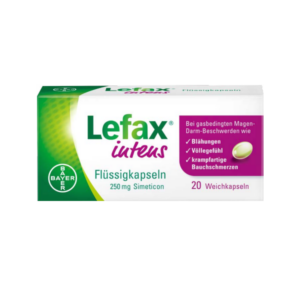 Packung mit Lefax Flüssigkapseln, 250 mg Simeticon, zur Behandlung von Blähungen und Bauchschmerzen.