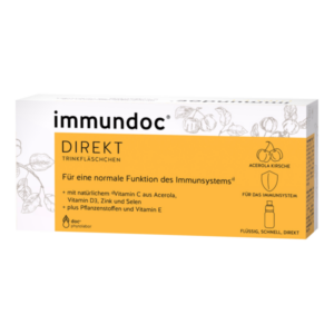 Verpackung von immundoc Direkt Trinkfläschchen mit orangefarbenem Design und Informationen zu Inhaltsstoffen für das Immunsystem.