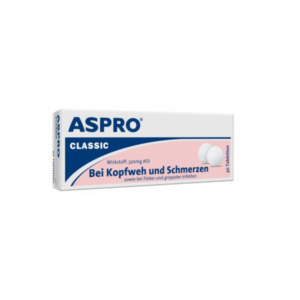 Packung mit 30 weißen Tabletten von ASpro Classic, zur Linderung von Kopfweh, Schmerzen und Fieber.