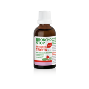 Braune Glasflasche mit weißem Verschluss, Etikett informiert über Bronchitis Tropfen mit pflanzlichen Wirkstoffen.