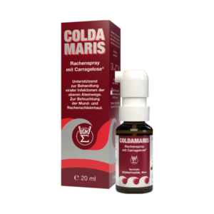 ColdMaris Rachenspray in braunem Glasfläschchen mit Pumpspender, verpackt in einer roten Schachtel mit Informationen zur Anwendung.