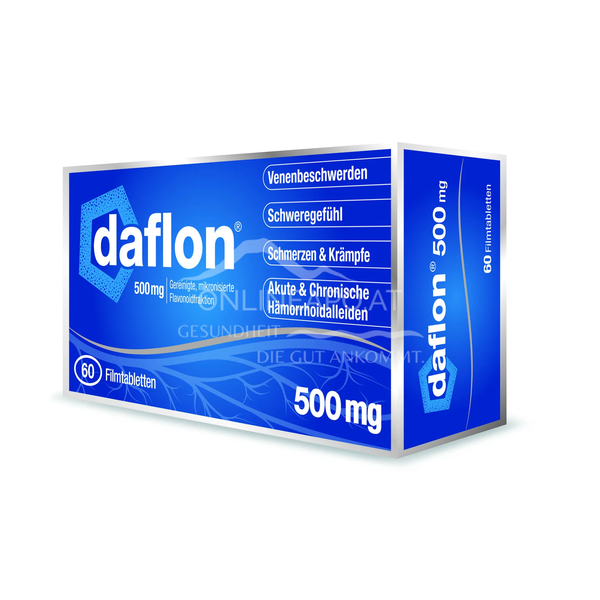 Verpackung von Daflon 500 mg, mit Hinweisen zu Anwendungsgebieten wie Venenbeschwerden und Hämorrhoiden.