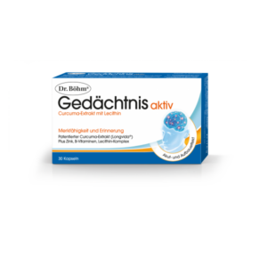 Verpackung von Dr. Böhm Gedächtnis aktiv mit Curcuma-Extrakt und Lecithin, 30 Kapseln, Fokus auf Merktfähigkeit.