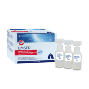 Packung mit 20 Ampullen Emser Inhalationslösung, jede mit 5 ml, für Inhalationstherapie.