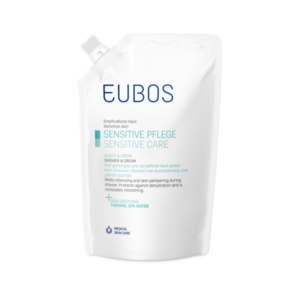 Standbeutel mit EUBOS Sensitive Pflege Dusch- und Cremeprodukt für empfindliche Haut.