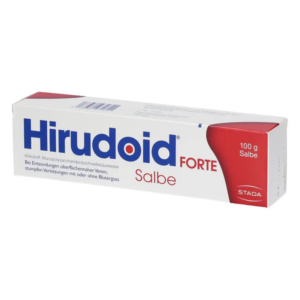 Hirudoid Forte Salbe in einer Verpackung mit rotem und blauem Design, 100 g.