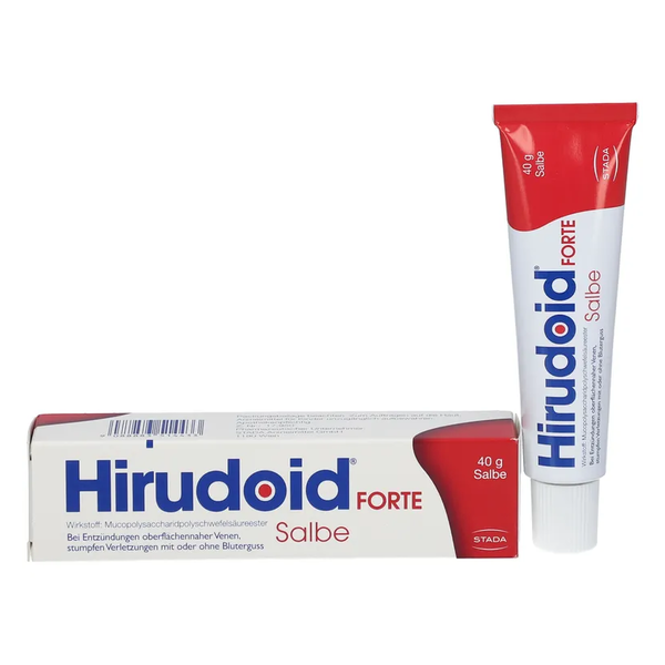 Hirudoid Forte Salbe Tube und Verpackung, 40 g, zur Behandlung von Entzündungen und Verletzungen.