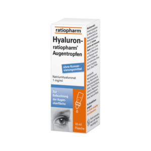 Verpackung von Hyaluron-ratiopharm Augentropfen, 10 ml Flasche mit Natriumhyaluronat zur Befeuchtung der Augenoberfläche.