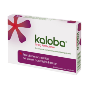 Verpackung von Kaloba Filmtabletten mit 20 mg Trockenextrakt aus Pelargoniumwurzel, zur Behandlung von Bronchialinfektionen.