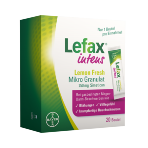 Packung von Lefax intens Lemon Fresh Mikro Granulat mit einem Sichtfenster und einem Beutel auf der Vorderseite.
