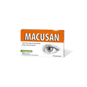 Packung von Macusan mit Nährstoffen für die Augen, enthält Ginkgo Biloba und 30 Tablets, Augenmotiv im Hintergrund.