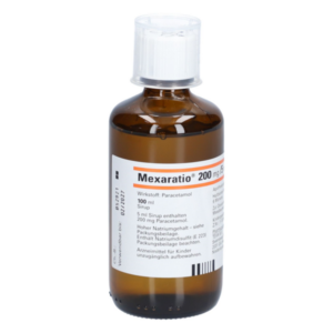 Braune Flasche mit rundem Boden und weißem Verschluss, enthält Paracetamol-Sirup mit einer Dosierung von 200 mg pro 5 ml.