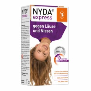 Packung NYDA express gegen Läuse und Nissen, mit Hinweis auf Schnell- und Effektivität sowie Einwirkzeit von 10 Minuten.