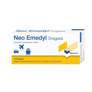Verpackung von Neo Emadylyl Dragees gegen Reisekrankheit, enthält Dimenhydrinat und Coffein, in einer gelben Box.
