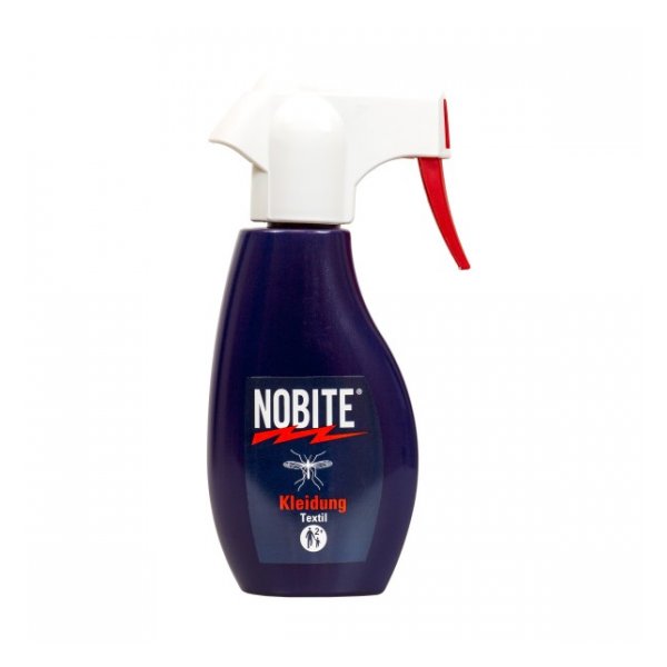 Sprühflasche von NOBITE für Textilien, mit rotem Sprühkopf und schwarzem Etikett.