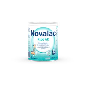 Dose mit 400 g Novalac Rice AR, einem speziellen Nahrungsergänzungsmittel für Säuglinge und Kleinkinder, mit einem freundlichen Giraffen-Motiv.