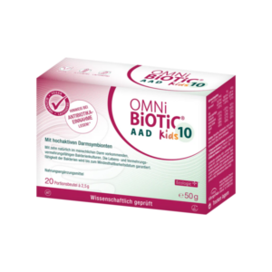 Verpackung von OMNi BiOTiC AAD Kids 10, einem Nahrungsergänzungsmittel mit Darmbakterien für Kinder.