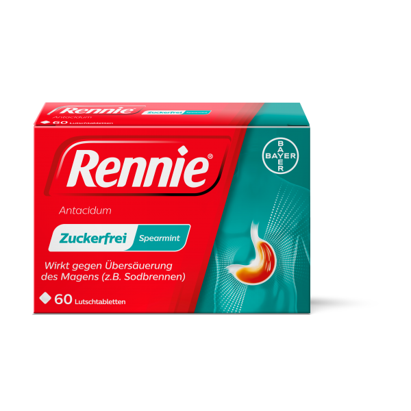 Verpackung von Rennie Antacida in rotem Design mit der Aufschrift "Zuckerfrei Spearmint" und Bildern vom Magen.