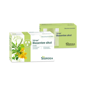 Verpackung von Sidroga Blasentee akut, einem pflanzlichen Arzneimittel in zwei Kartons, mit aromatisierten Filterbeuteln.