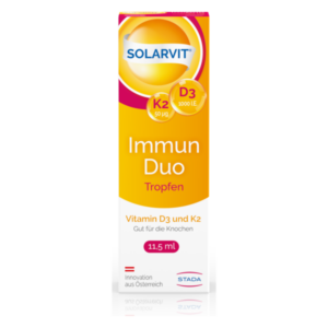 Packung mit Solarvit Immun Duo Tropfen, enthält Vitamin D3 und K2, 11,5 ml, gelb-orange Design.