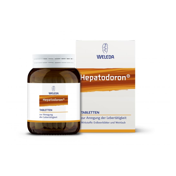 Braune Flasche mit der Aufschrift "Hepatodoron" von Weleda und einer Verpackung, die Informationen über die Tabletten enthält.