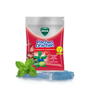 Verpackung mit Fruchtgummis 'Rachen Drachen' in Kirschgeschmack und mintgrünen Blättern.