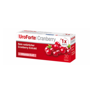 Verpackung des UroForte Cranberry mit 30 Tabletten, enthält reines Cranberry-Extrakt und Vitamine C und E.