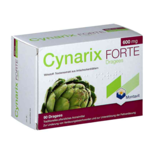 Verpackung von Cynarix FORTE Dragees, 600 mg, mit Artischockenextrakt für die Verdauung.