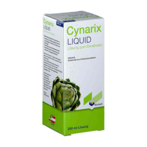 Verpackung von Cynarix Liquid, einer Lösung mit Artischockenblattextrakt, in einem 200 ml Karton.