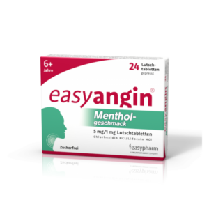 Verpackung von easyangin Menthol-Lutschtabletten mit 24 gepressten Tabletten, zuckerfrei, für Erwachsene und Kinder ab 6 Jahren.