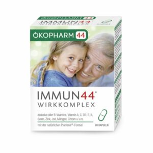 Verpackung von IMMUN44 Wirkkomplex mit Kapseln, zeigt lächelndes Kind und Erwachsene im Hintergrund, Grafiken und Inhaltsstoffe.