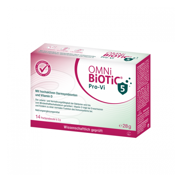 Verpackung von OMNi-BiOTiC Pro-Vi, enthält hochaktive Darmsymbionten und Vitamin D, 14 Portionsbeutel à 2 g.