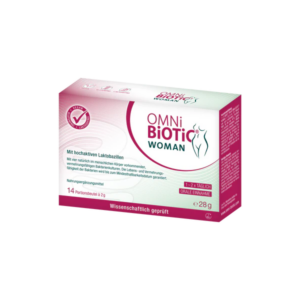 Verpackung von OMNi-BiOTiC WOMAN, einem Nahrungsergänzungsmittel mit hochaktiven Laktobazillen in Portionen.
