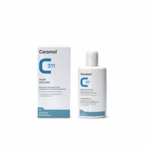 Verpackung von Ceramol C311 Haarspülung in Weiß und Blau, konservierungsstoff- und parfumfrei, für empfindliche Haut.