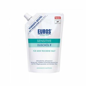 Packung mit EUBOS Sensitive Duschöl F in einem Standbeutel, geeignet für sehr trockene Haut