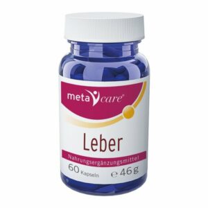 Blauer Kunststoffbehälter mit weißem Deckel, enthält Kapseln für Leber-Nahrungsergänzungsmittel.