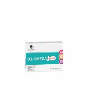 Packung D3-Omega Junior mit DHA und Vitamin D3, glutenfrei, in Fruchtgeschmack, mit kleinen Fisch-Kautabletten.