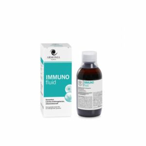 Flasche mit Nahrungsergänzungsmittel IMMUNO fluid und Verpackung, enthält Sonnenhut, Lärchen-Arabinogalactan, Johannisbeersaft.