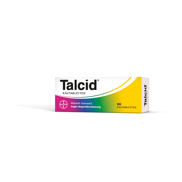 Verpackung von Talcid Kautabletten mit der Aufschrift 'Wirkstoff: Hydroxid' und 'Gegen Magenübersäuerung'.